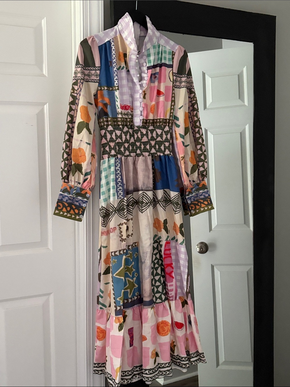 Multicolor Patchwork Midi Dress with Ruffle Collar